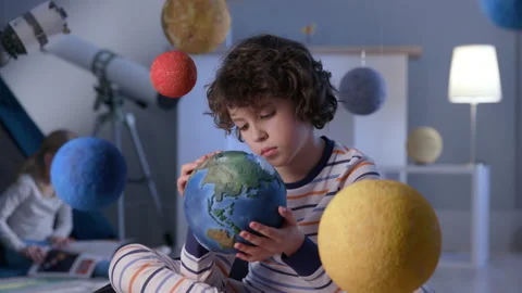 Portrait of Playful Creative Spaceman. Small Person at Night Playground for Epic Stock Footage 199477900