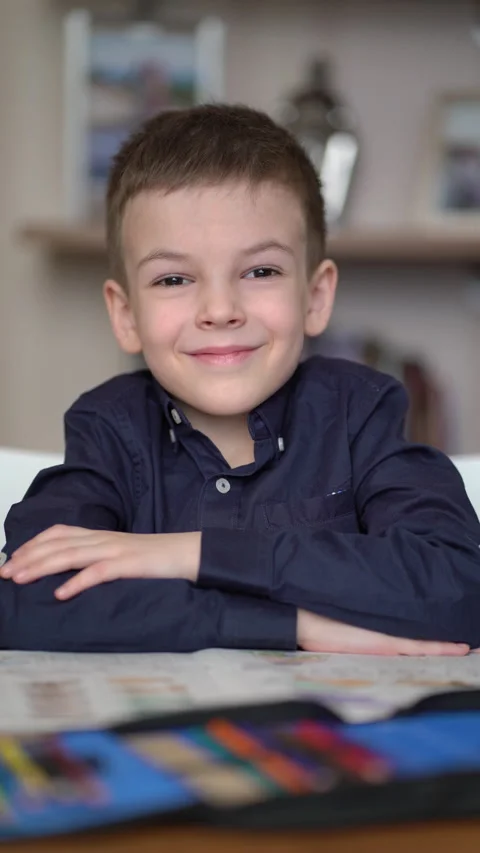 Portrait of preschooler looking at camera while sitting at table Video stock 220956473