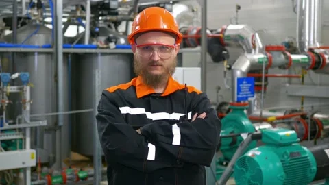 Portrait of Professional Heavy Industry Engineer with beard. Worker Wearing Stock Footage 169527624