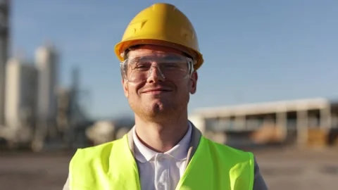 Portrait of Professional Heavy Industry Engineer, Worker Wearing Safety Uniform Stock Footage 227781459