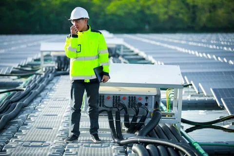 Portrait of professional man engineer working checking the panels at solar en Stock Photos