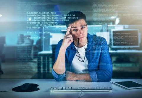 Portrait, programmer and man in office, night and overlay of interface, keyboard 스톡 사진