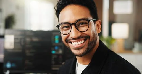 Portrait, programmer and man in office, smile and software development for Stock-Fotos