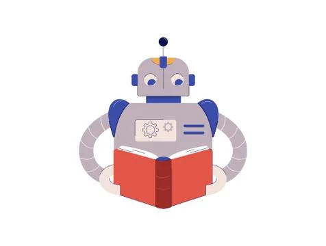 Portrait of robot machine read book vector flat illustration. Hi tech person Stock Illustration