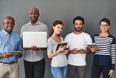 Portrait, row and people with tech in studio for job interview, recruitment Stock Photos