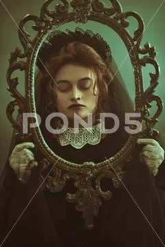 Portrait of a sad woman with closed eyes in a black veil in an old vintage fr Stock Photos
