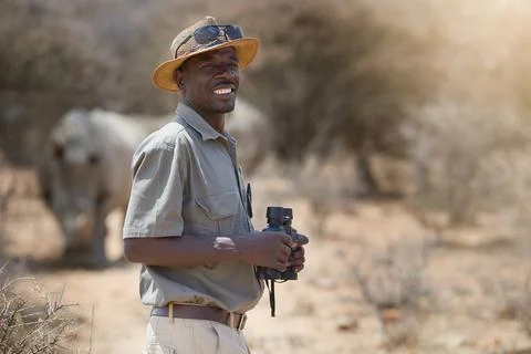 Portrait, safari and wildlife with a man ranger outdoor in a game park for Stock Photos