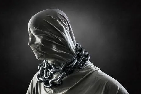 Portrait of a scary ghost with chains over dark misty background Stock Photos