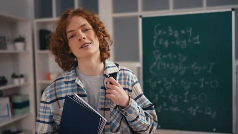 Portrait of schoolboy with backpack after math lesson, high school education Stock Footage 250334214