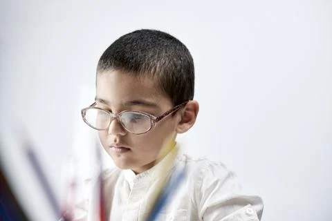 Portrait of schoolboy doing homework Stock Photos