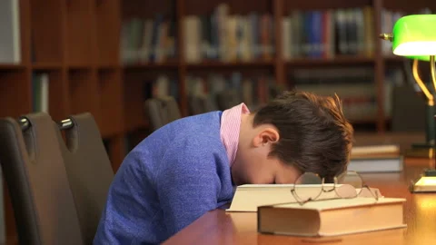 Portrait of schoolboy doing their homework and sleeping on the book Stock Footage 96549103