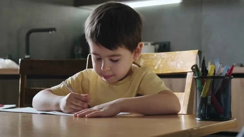 Portrait of schoolboy sitting on table doing homework, holding pencil, writing Stock Footage 176592526