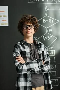 Portrait of schoolboy standing at class Stock Photos