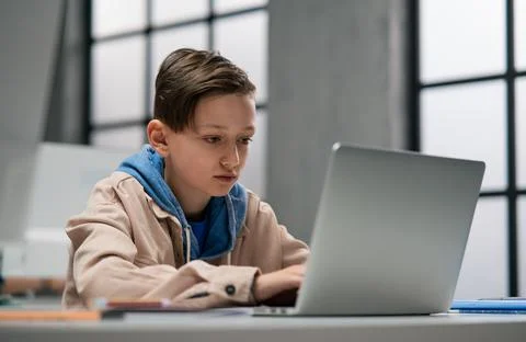 Portrait of schoolboy using computer in classroom at school 스톡 사진