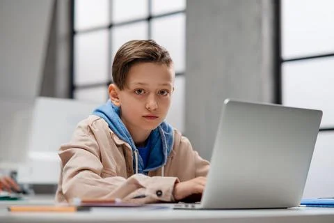 Portrait of schoolboy using computer in classroom at school Foto stock