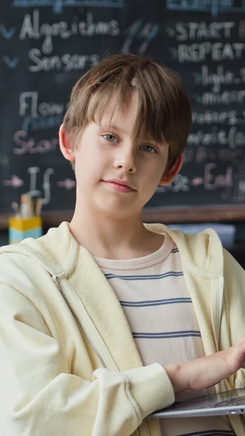 Portrait of Schoolboy Using Laptop in Stem Robotics Class Stock Footage 339189022