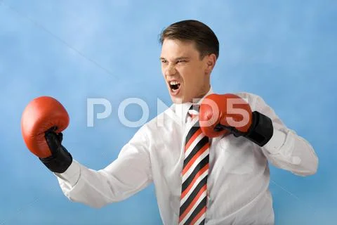Portrait of screaming boxer wearing red gloves over blue background Stock Photos
