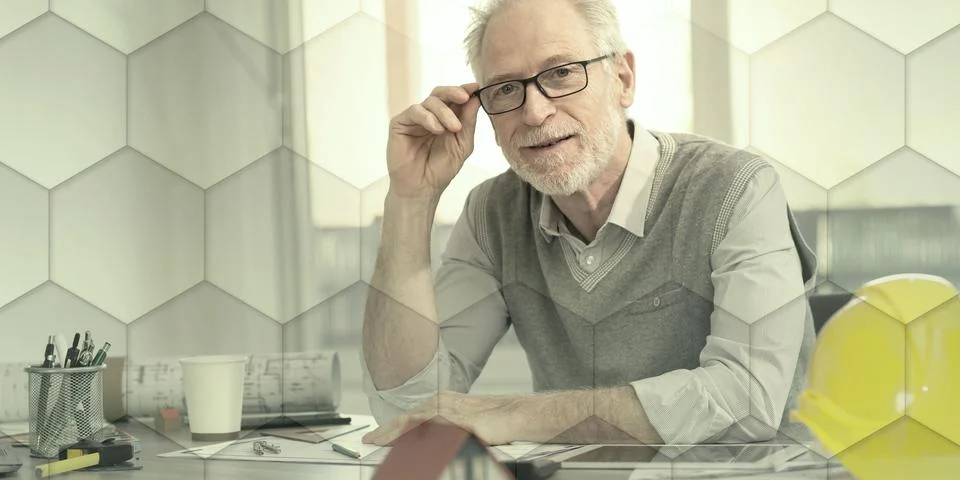 Portrait of senior architect, geometric pattern 스톡 사진
