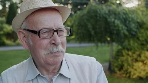 Portrait of senior man telling with light smile at camera in summer park 库存影片 138199544