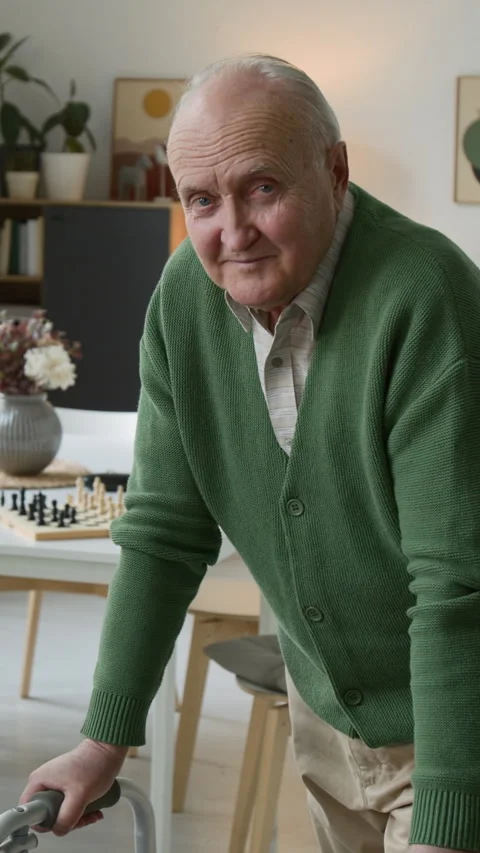 Portrait of Senior Man with Walker Smiling in Assisted Living Vertical Stock Footage 337615863