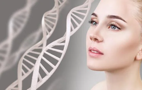 Portrait of sensual woman among DNA chains Stock Photos