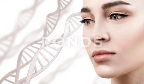 Portrait of sensual woman among DNA chains Stock Photos