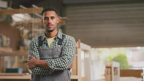 Portrait Of Serious Male Apprentice Working As Carpenter In Furniture Workshop Stock Footage 242354314
