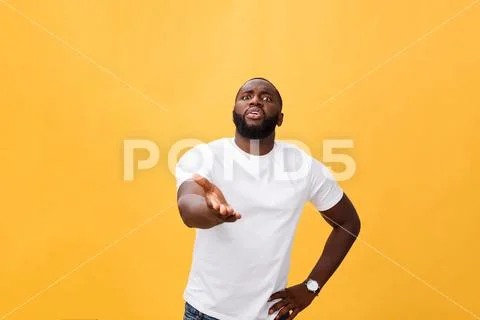 Portrait shock and annoyed displeased young man raising hands up to say no stop Stock Photos