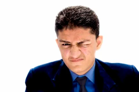 Portrait shot exhausted of apprentice young businessman isolated on white wea Stock Photos