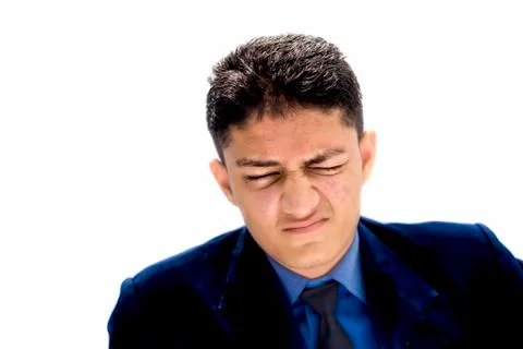 Portrait shot exhausted of apprentice young businessman isolated on white wea Stock Photos