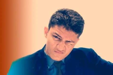 Portrait shot exhausted of apprentice young businessman isolated on gradient  Stock Photos
