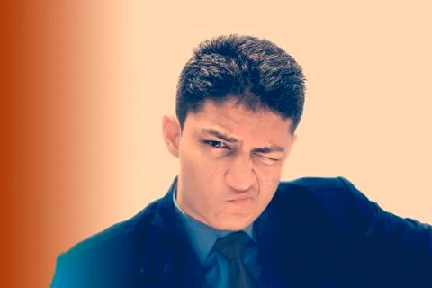 Portrait shot exhausted of apprentice young businessman isolated on gradient  Stock Photos