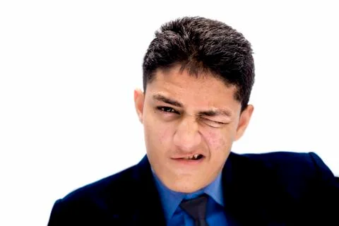 Portrait shot exhausted of apprentice young businessman isolated on white wea Stock Photos