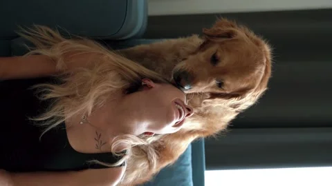 Portrait shot of young happy smiling woman is caressing and kissing her labrador Stock Footage 197921553