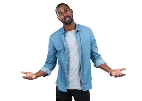 Portrait, shrug and mockup with a black man in studio isolated on a white Stock Photos