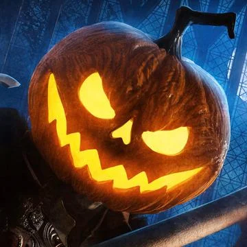 Portrait of a sinister pumpkin with sharp teeth and a wide smile, his eyes bu Illustration