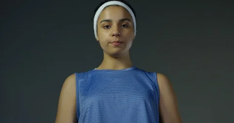 Portrait Slow Motion Of Athletic Pretty Mixed Race Female Holding Basketball Stock Footage 112771650