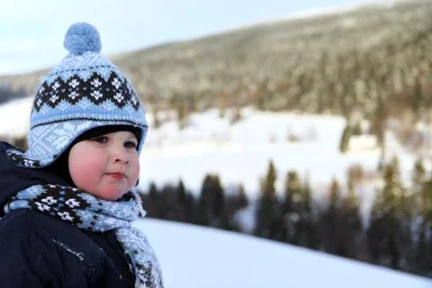 Portrait small boy in winter on mountains Krkonose Stock Photos