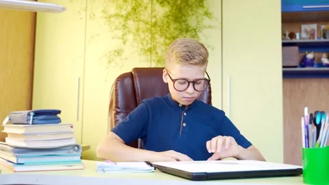Portrait of a small cute schoolboy boy teaches lessons sitting a table  Stock Footage 138412302
