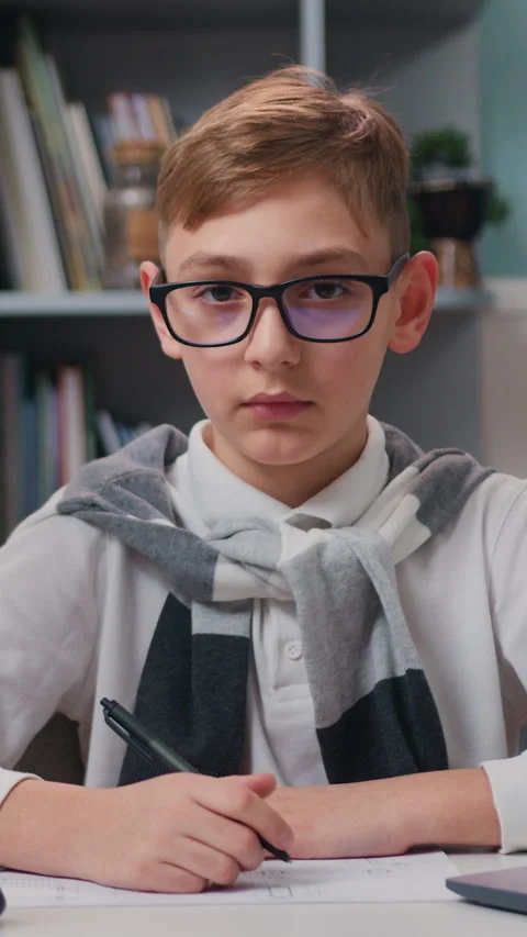 Portrait of smart boy doing homework on laptop computer in modern room at home.  Stock Footage 329890485