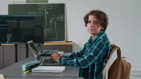 Portrait of Smart Boy Typing on his Laptop During IT Cass in school Stock Footage 317638755