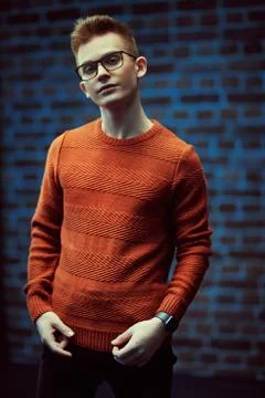 Portrait of a smart young guy in a pullover and glasses. Studio shot. Men's b Stock Photos