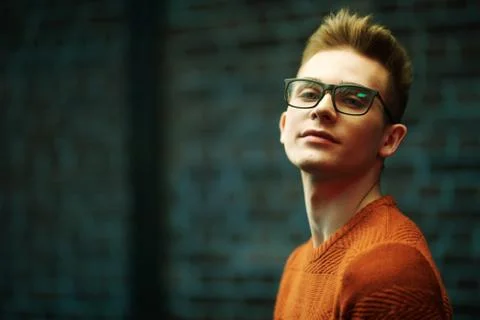 Portrait of a smart young guy in a pullover and glasses. Studio shot. Men's b Stock Photos