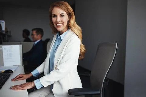 Portrait, smile and computer with business woman in office for coworking, a.. Stock Photos