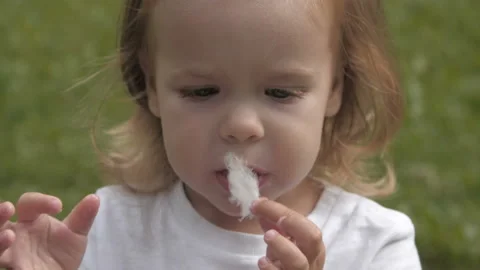 Portrait of smiling baby eats cotton candy and looking at the camera Stock Footage 99488565