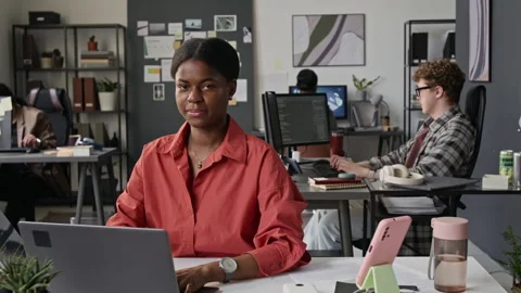 Portrait of Smiling Black Female Programmer Working on Laptop in Office Stock-Footage 336713499