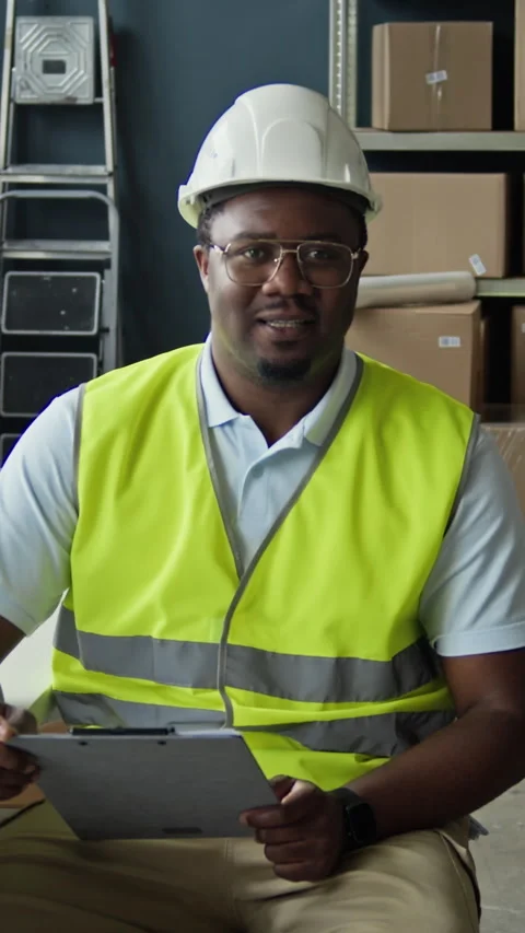 Portrait of Smiling Black Man Warehouse Worker Holding Clipboard Stock Footage 337305067
