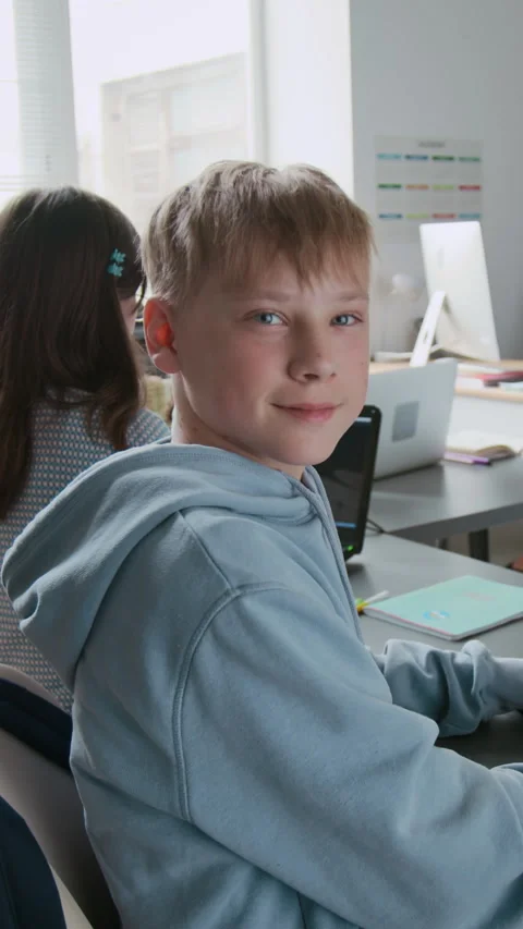 Portrait of Smiling Boy Sitting at Desk During Class in School Stock Footage 317637552