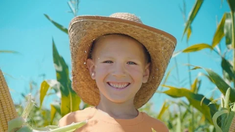 Portrait of a smiling boy in a straw hat in a corn field Stock Footage 93756859