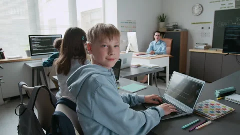 Portrait of Smiling Boy Working on his Laptop During IT Class in school Stock Footage 317641531